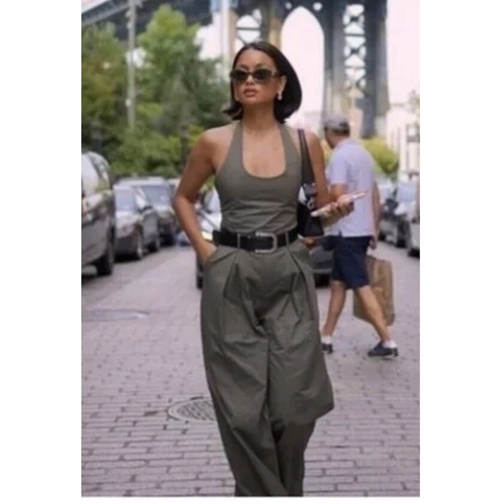Zara Olive Green Halter Wide Leg Jumpsuit Pleated Front Cotton Small - Picture 2 of 9